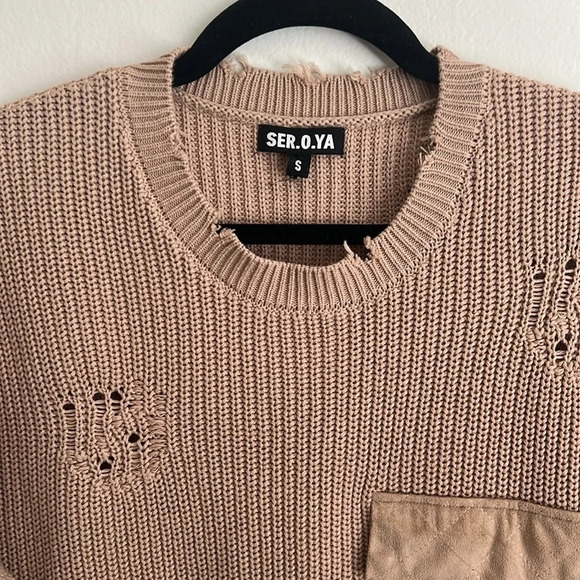 SER.O.YA Devin 100% Cotton Distressed sweater dress tan S - Picture 7 of 11